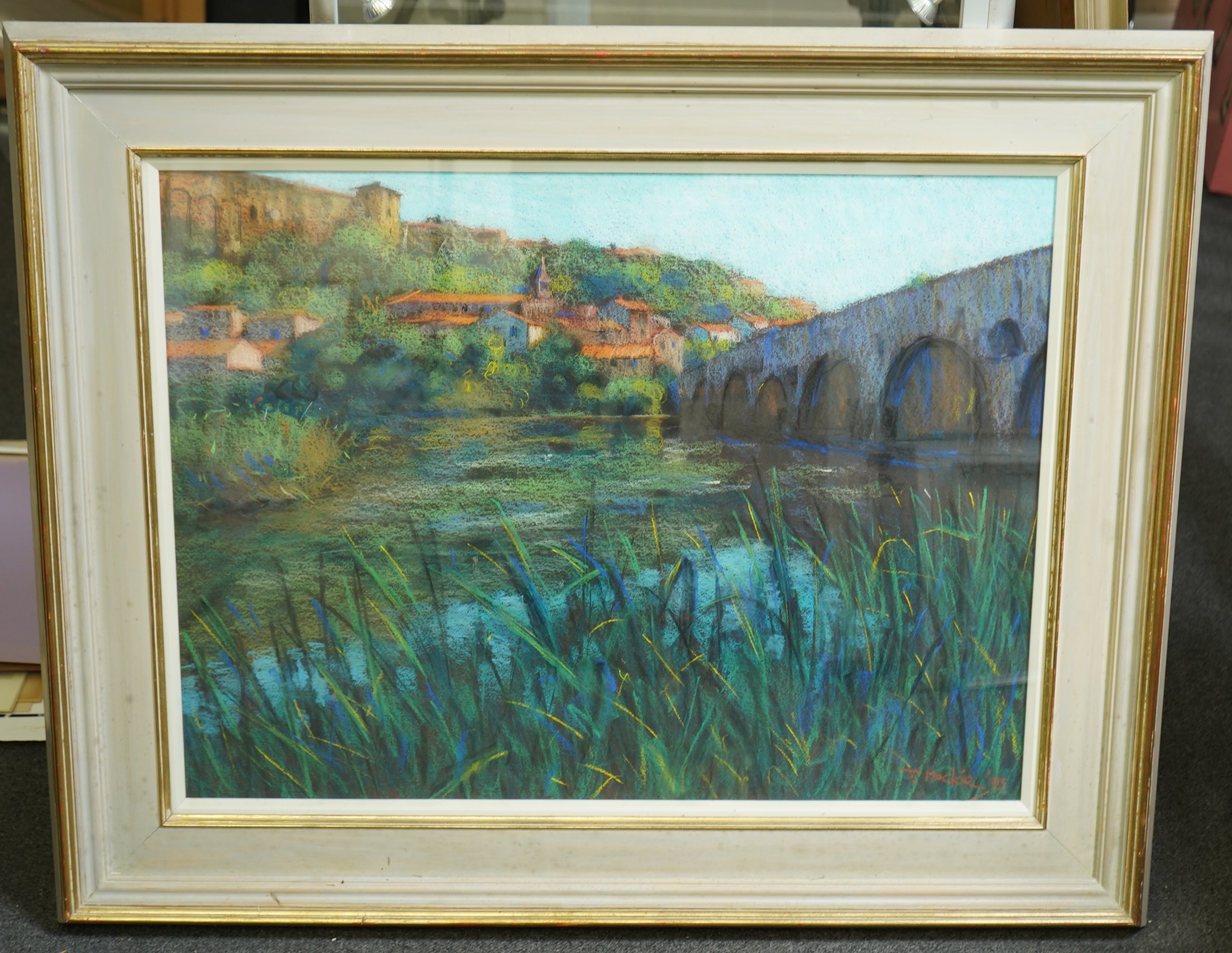 John Mackie (Scottish, b.1953), pastel, Bridge at Beziers, signed and dated, '93 58 x 76cm. Condition - good